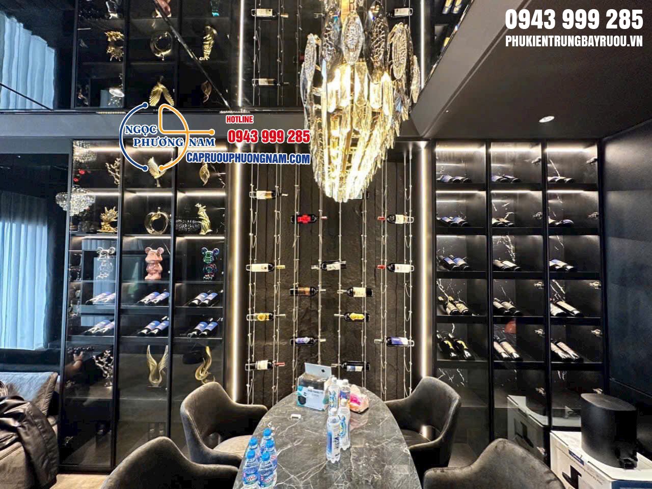 Kệ tủ treo rượu dây cáp cao cấp cho phòng khách biệt thự sang trọng Kệ tủ treo rượu dây cáp cao cấp biệt thự sang trọng