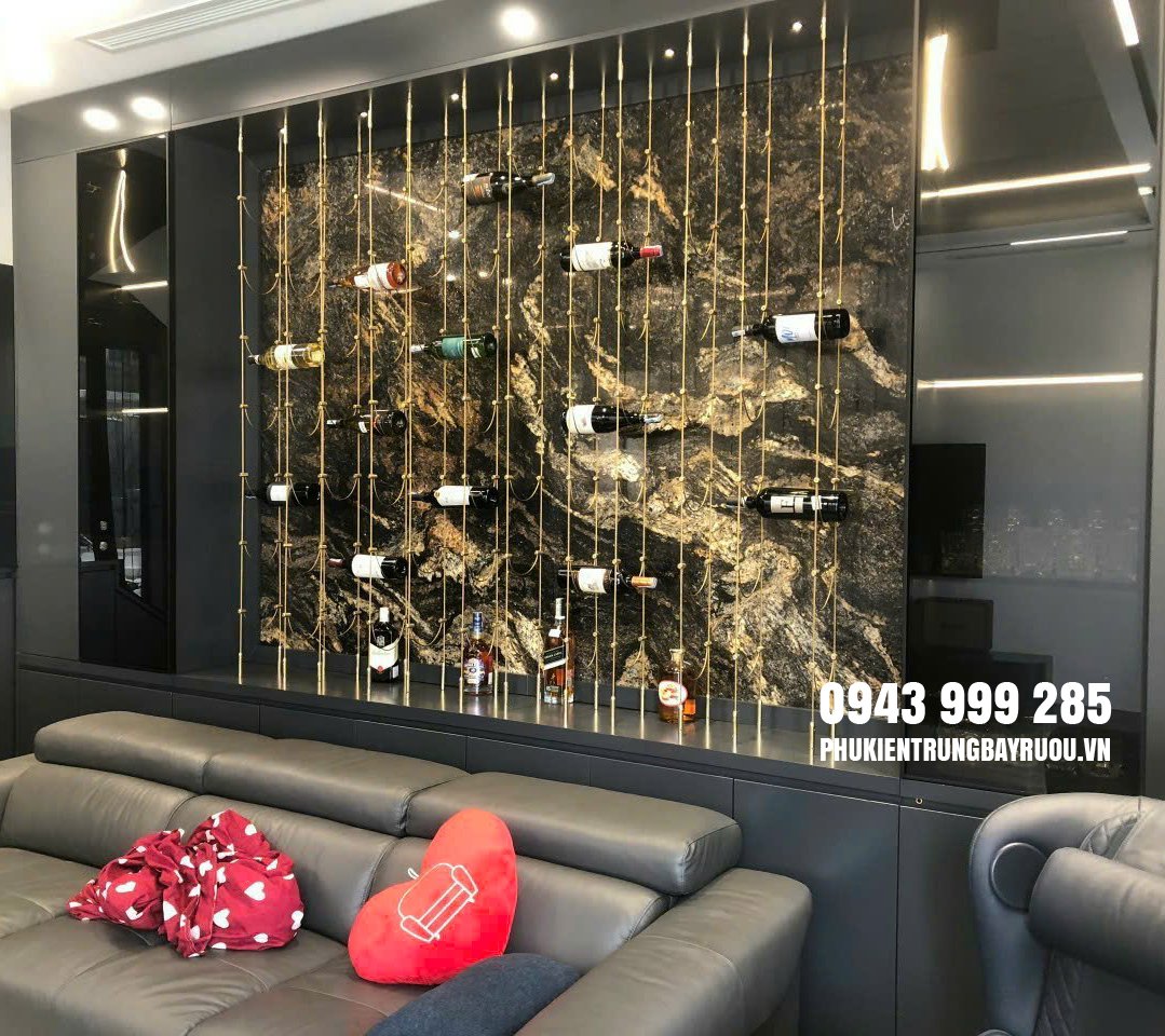 Kệ tủ treo rượu dây cáp cao cấp tô điểm không gian giúp phòng khách sang trọng hiện đại Kệ tủ treo rượu dây cáp cao cấp phòng khách sang trọng hiện đại